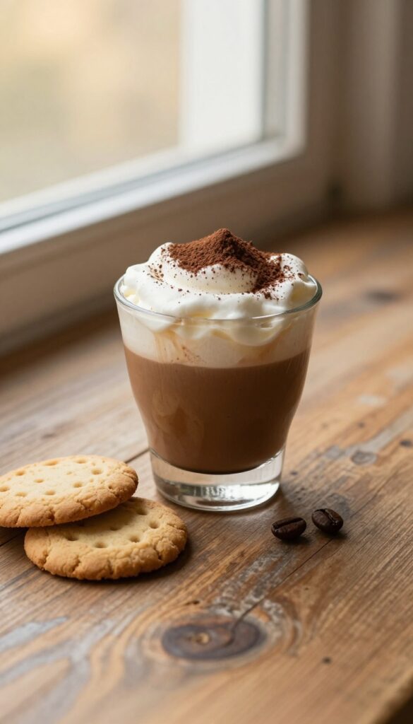 Mocha mousse in an espresso cup with whipped cream and cocoa powder, served with gluten-free cookies on a wooden table.