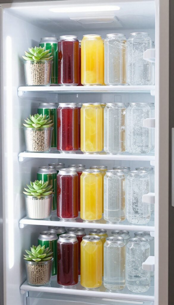 Stackable clear can dispensers in a refrigerator, filled with soda and sparkling water cans, with a small plant and straws nearby.
