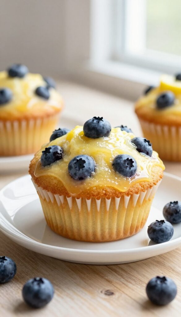 Slice of lemon blueberry muffin cake with glaze on a plate