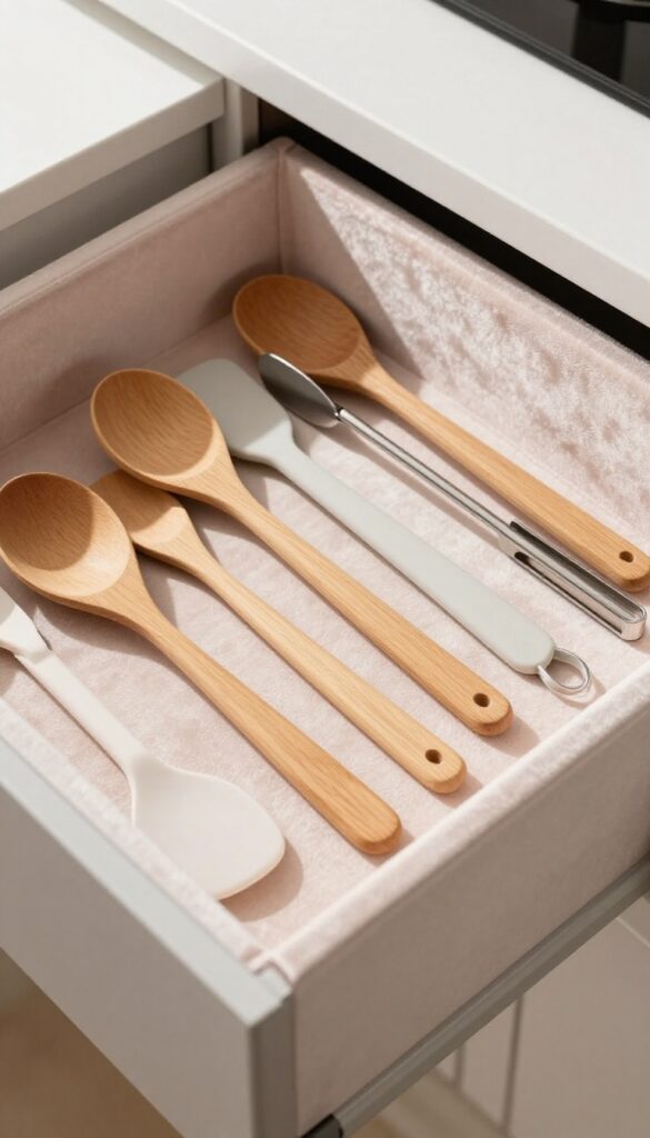 Kitchen drawer with blush velvet lining and neatly arranged utensils