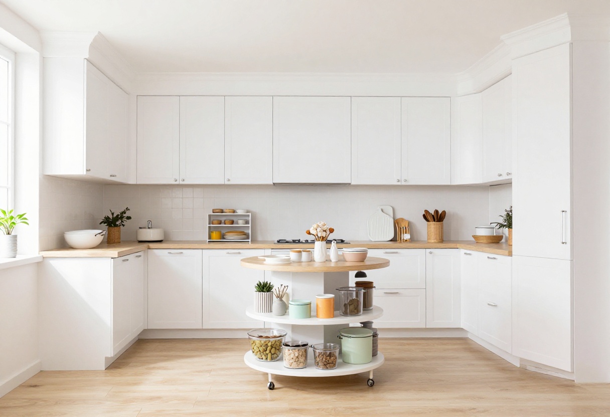 Organized deep kitchen cabinet with tiered risers, clear bins, and a lazy Susan