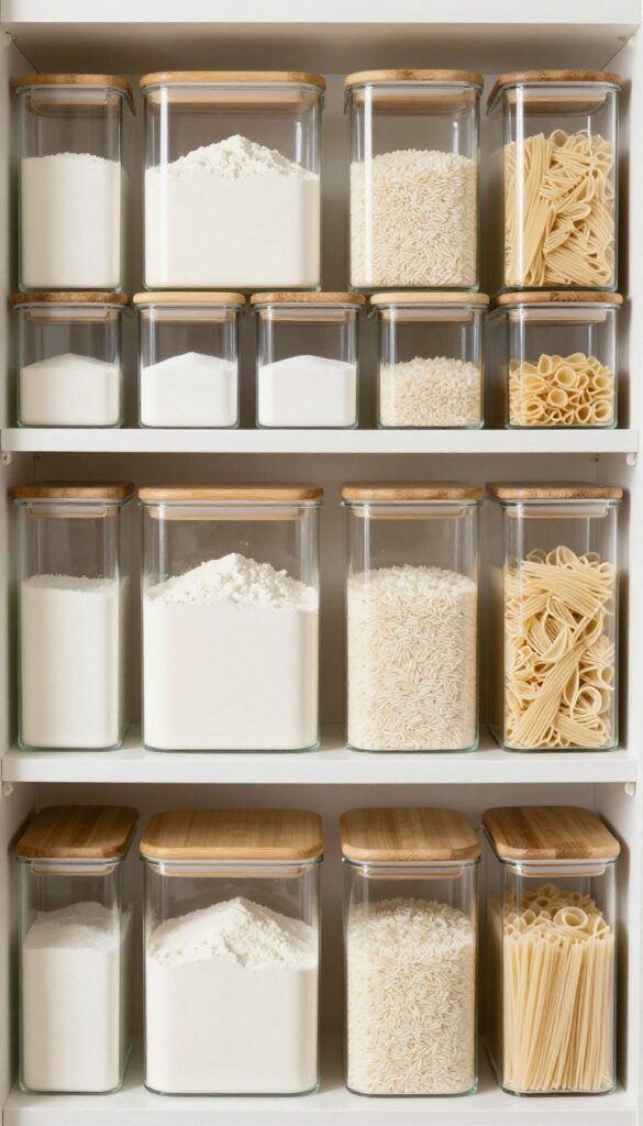 Clear square canisters with bamboo lids stacked on a pantry shelf, filled with dry goods like flour, sugar, rice, and pasta, neatly arranged in a bright, organized pantry.