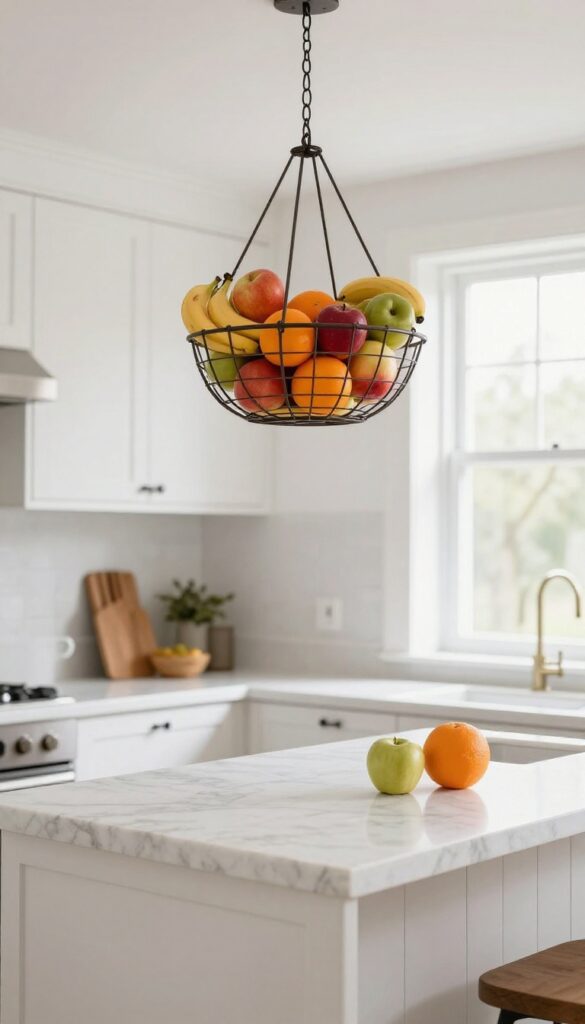 Hanging fruit basket from ceiling in bright modern kitchen with fresh produce