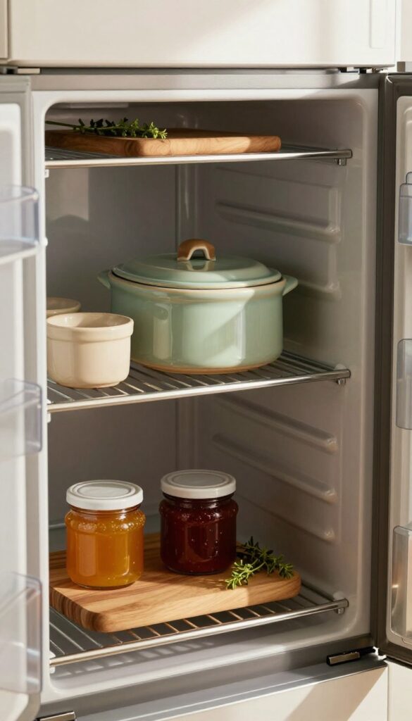 A cozy fridge interior featuring a ceramic butter crock and small ramekins for spreads on a middle shelf, with warm natural light and earthy tones.