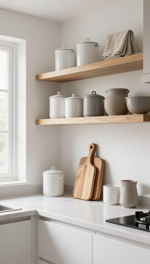 Open kitchen shelves with neutral color palette items