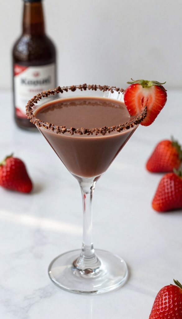 Keto chocolate strawberry martini with chocolate rim and strawberry garnish on marble countertop