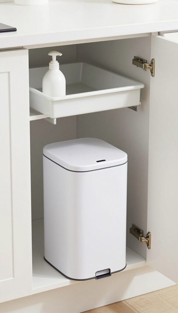 Pull-out trash can mounted inside under-sink cabinet, with lid and soft-close glide, in bright modern kitchen.