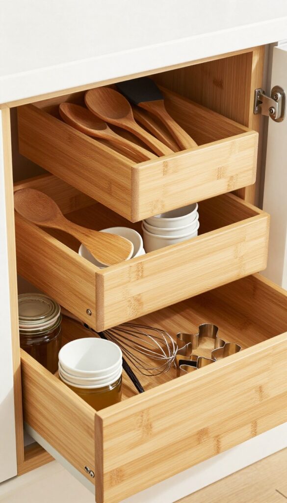 Organized kitchen drawer with tiered bins for baking tools, featuring measuring cups, spoons, and a vanilla extract jar in natural light.