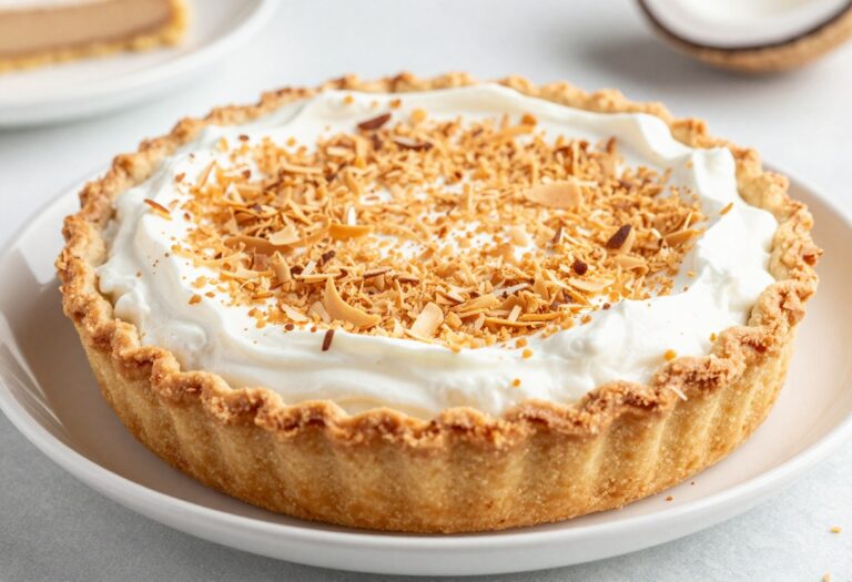 A slice of keto coconut cream pie with toasted coconut topping on a white plate