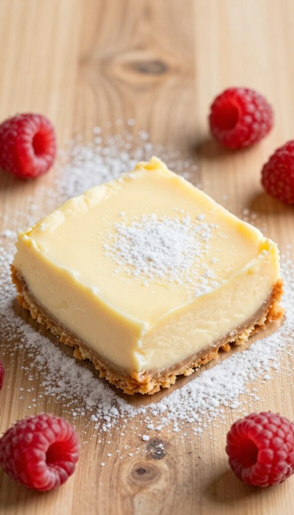 Classic Keto Lemon Cheesecake Bars with raspberries on a wooden board