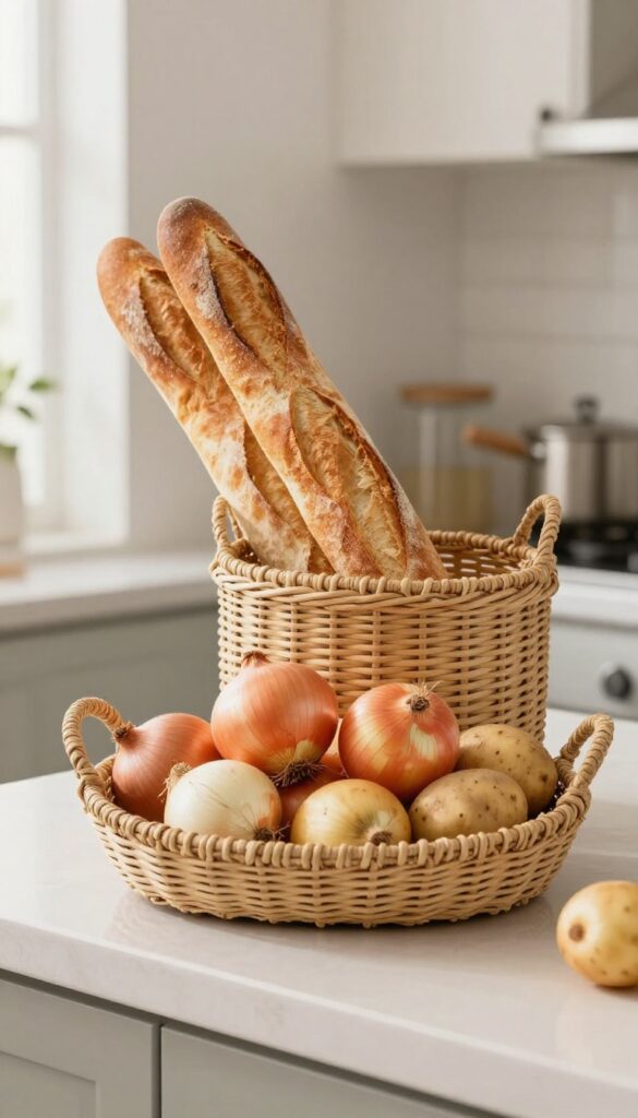 Woven baskets on a kitchen counter filled with onions, potatoes, and bread