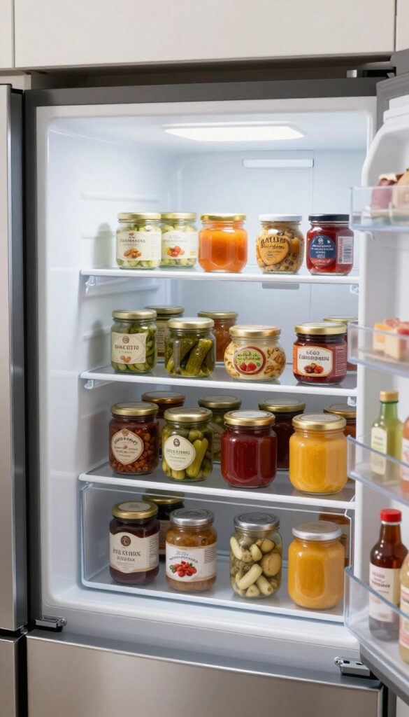 Clear acrylic lazy Susan on a corner fridge shelf holding neatly arranged condiment jars