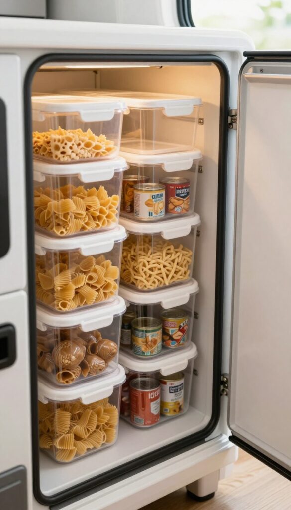 Open RV pantry cabinet with clear stackable bins organizing pasta, snacks, and canned goods, bright natural light, clean and tidy.