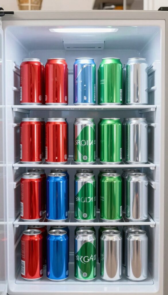 Open refrigerator with colorful cans organized in clear acrylic bins, stacked vertically, bright natural light, clean and neat arrangement.