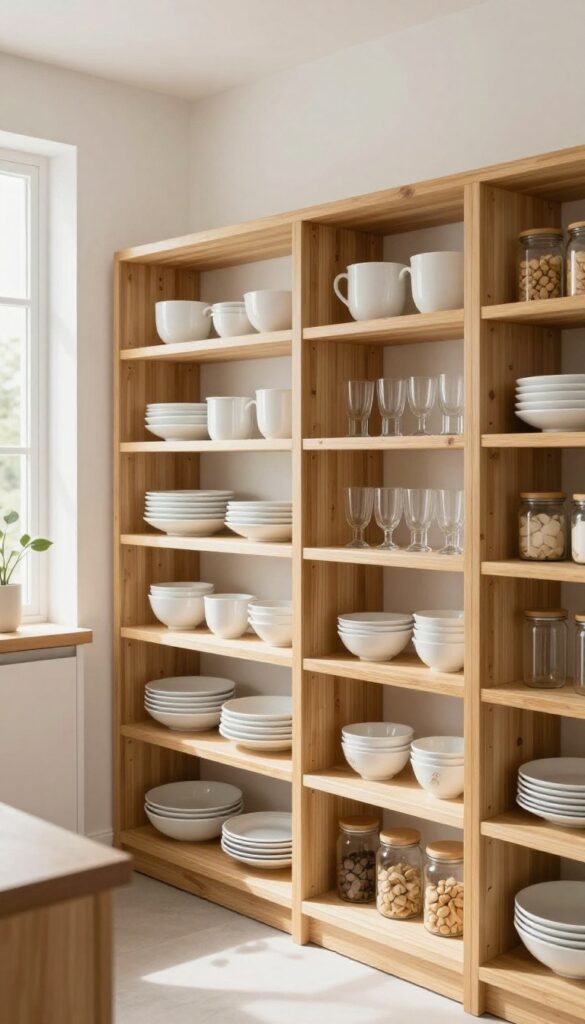 Modern kitchen open shelves with uniform bamboo shelf liner, neatly arranged white dishware and glass jars, bright natural light.