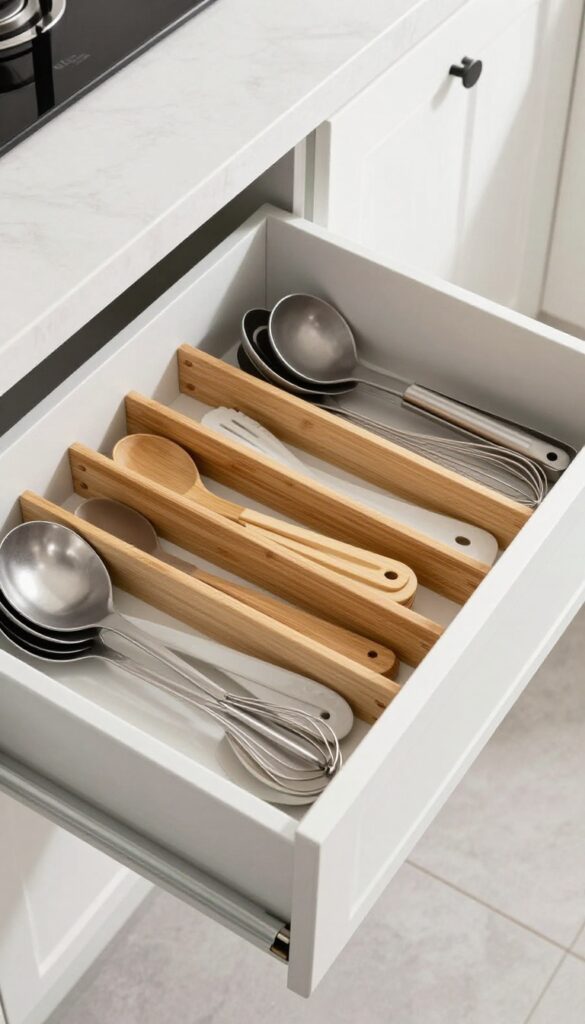 A deep kitchen drawer with bamboo dividers organizing utensils into neat sections, bathed in natural light.