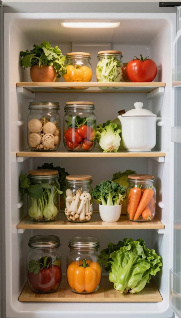 Open refrigerator with warm wooden shelves and fresh produce in glass jars