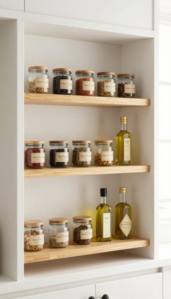 Kitchen open shelf with tiered bamboo risers organizing small spice jars and oil bottles, bright natural light, clean and uncluttered display.