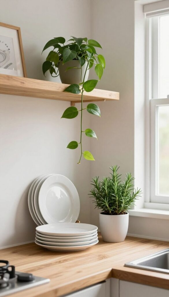 A kitchen shelf with a trailing pothos plant draped over white plates and a rosemary plant next to cookbooks, bathed in natural light.