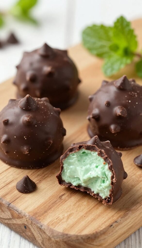 Dark chocolate mint truffles with creamy green center on wooden board.