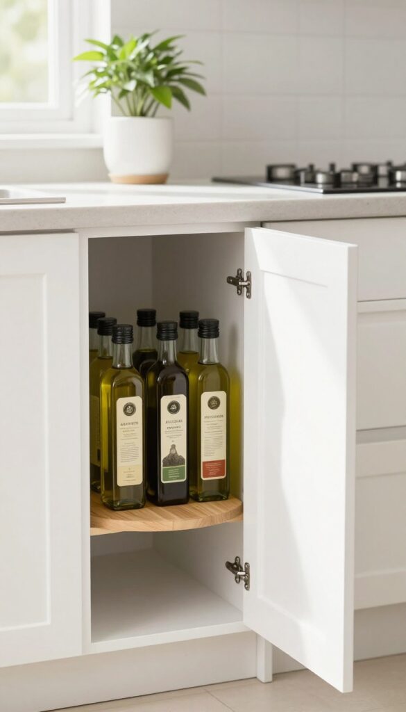 Open corner cabinet with a wooden lazy Susan holding neatly arranged oil and spice bottles