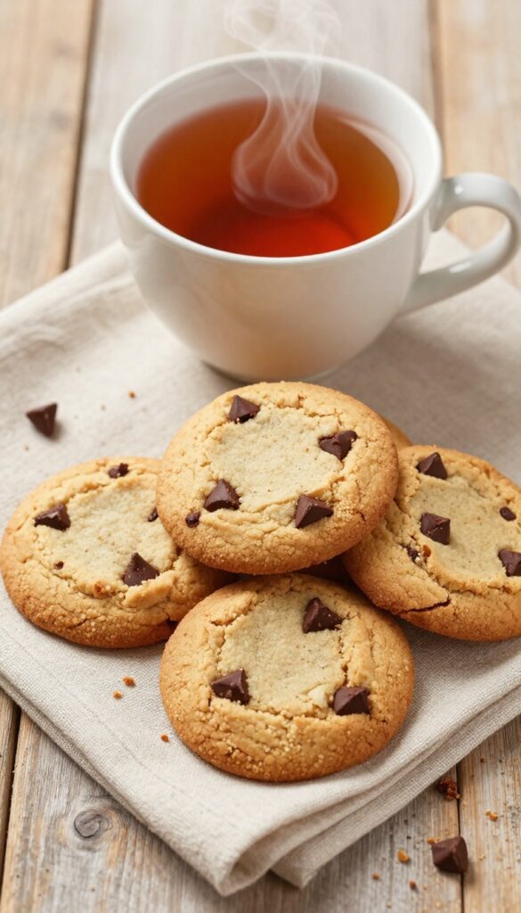 Close-up of oat flour chocolate chip cookies on a wooden table with a mug of tea.