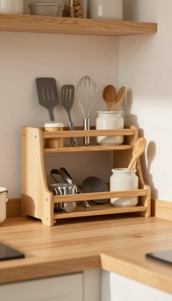 Tiered spice rack on kitchen counter organizing utensils by type with warm wood finish and ceramic jar.