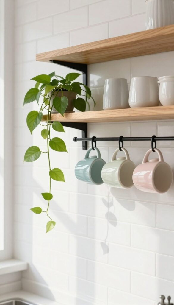 Hanging mug rack under kitchen shelf with colorful mugs and trailing plant