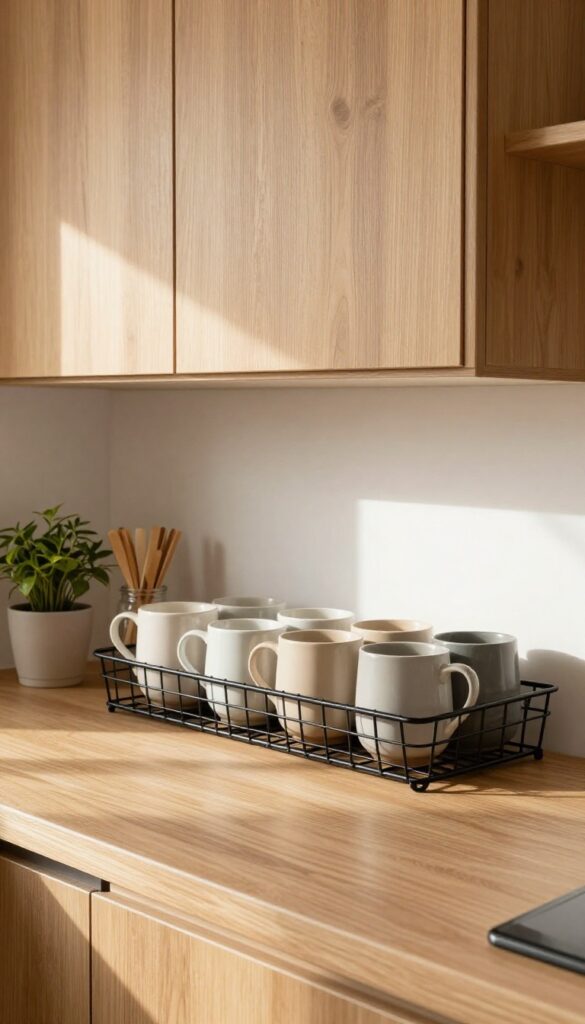 Under-shelf wire basket holding ceramic mugs in a cozy small kitchen
