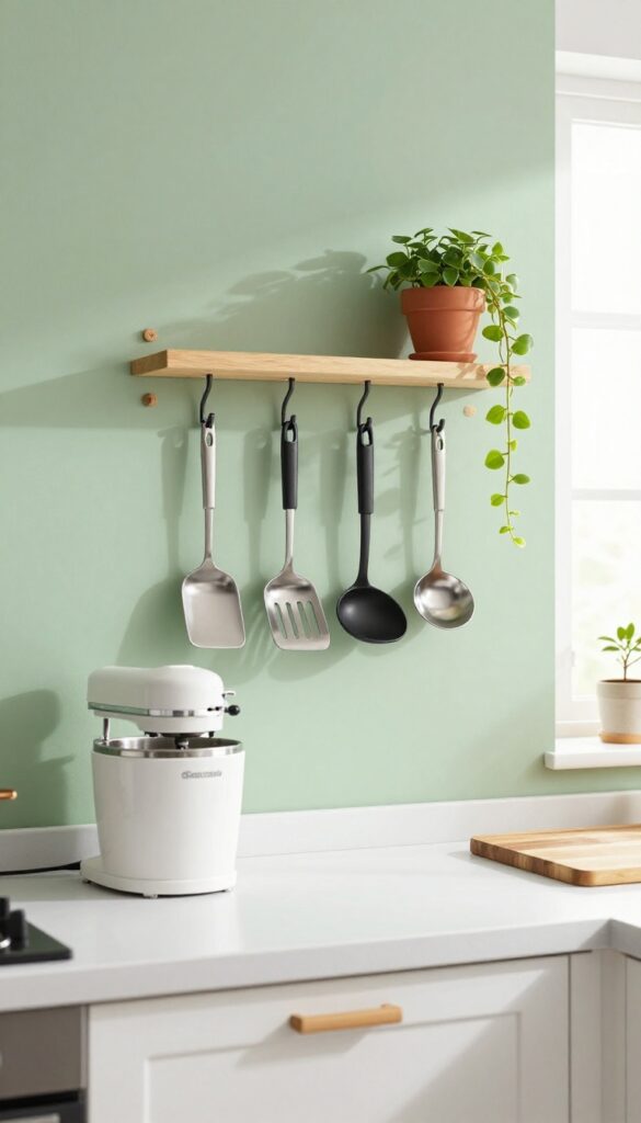 Kitchen wall-mounted sage green pegboard with hooks holding utensils and a shelf with a hand mixer and trailing plant, bright natural light, clean countertop.