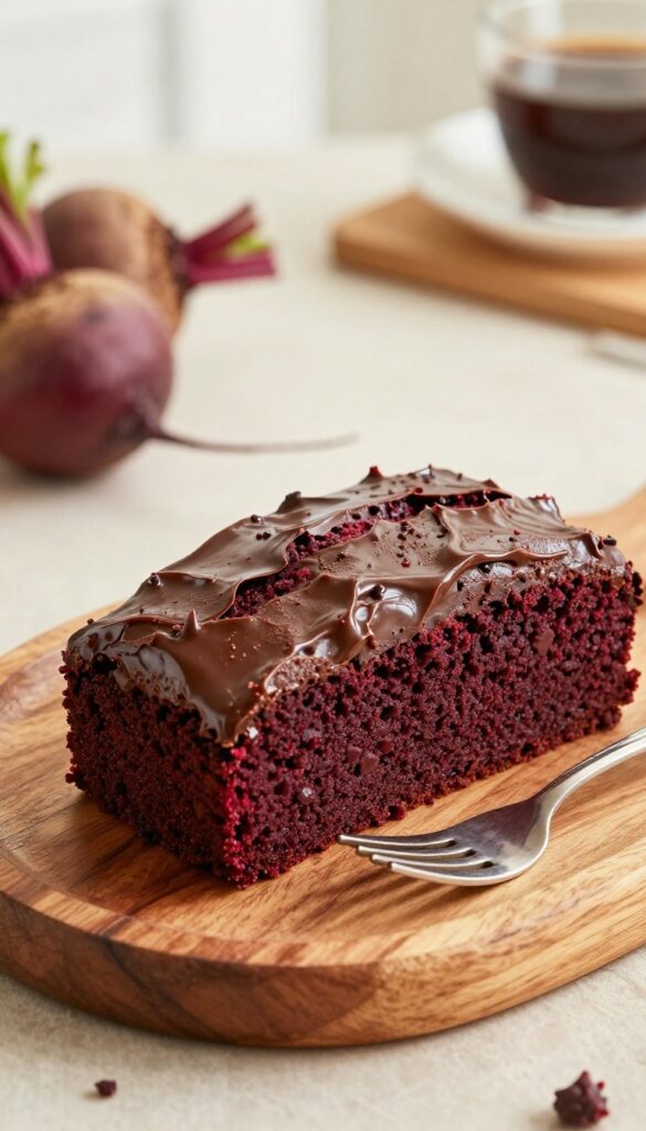 A slice of gluten-free chocolate beet cake on a wooden plate with beets and a fork, natural light, cozy kitchen background.