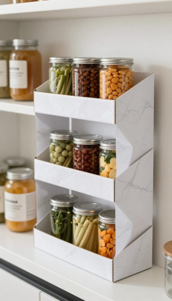 DIY tiered can rack made from cardboard on a pantry shelf, holding cans with labels visible, bright natural light, clean composition.