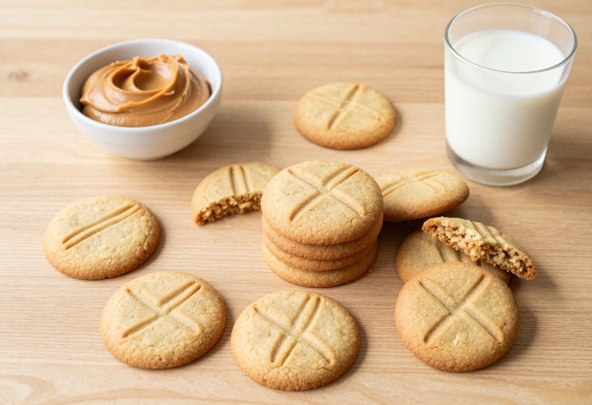 Overhead view of gluten free peanut butter cookies on a wooden table with a bowl of peanut butter and a glass of milk.