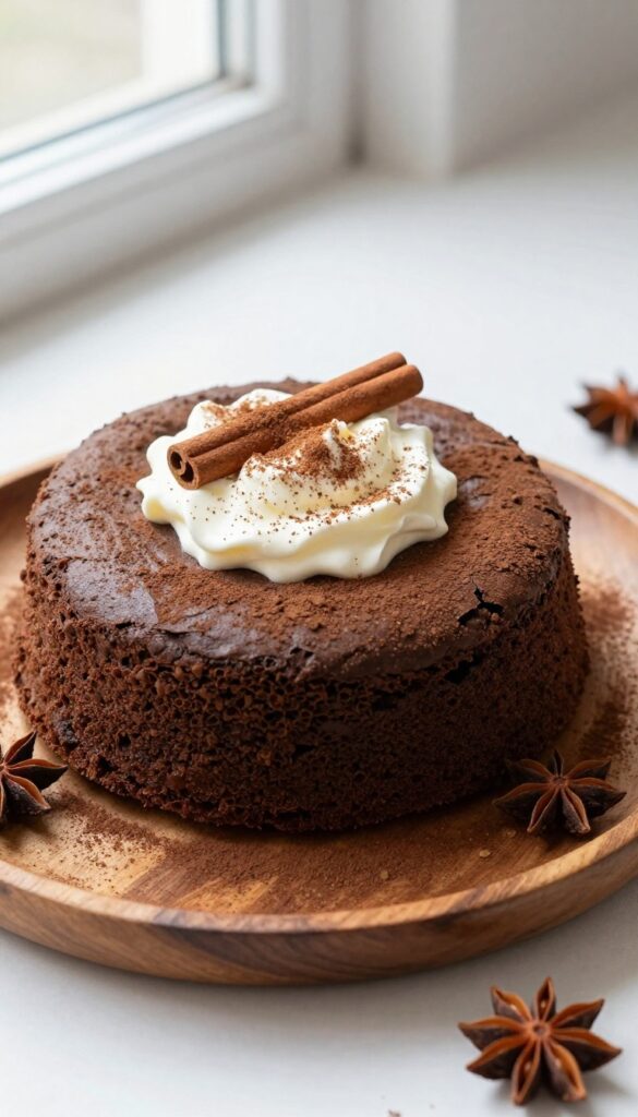 Spiced Mexican hot chocolate flourless cake with whipped cream and cinnamon sticks on a wooden plate