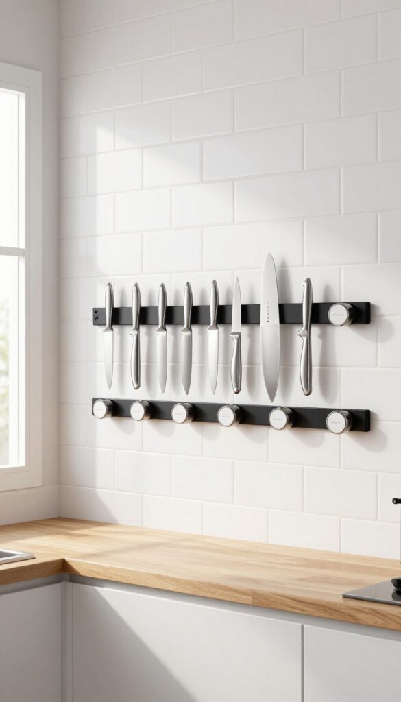 A magnetic strip on a kitchen backsplash holding knives and spice tins, demonstrating vertical storage organization.