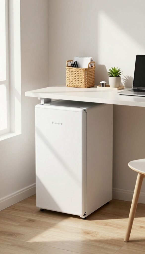 Mini fridge incorporated into a desk setup in a modern home office