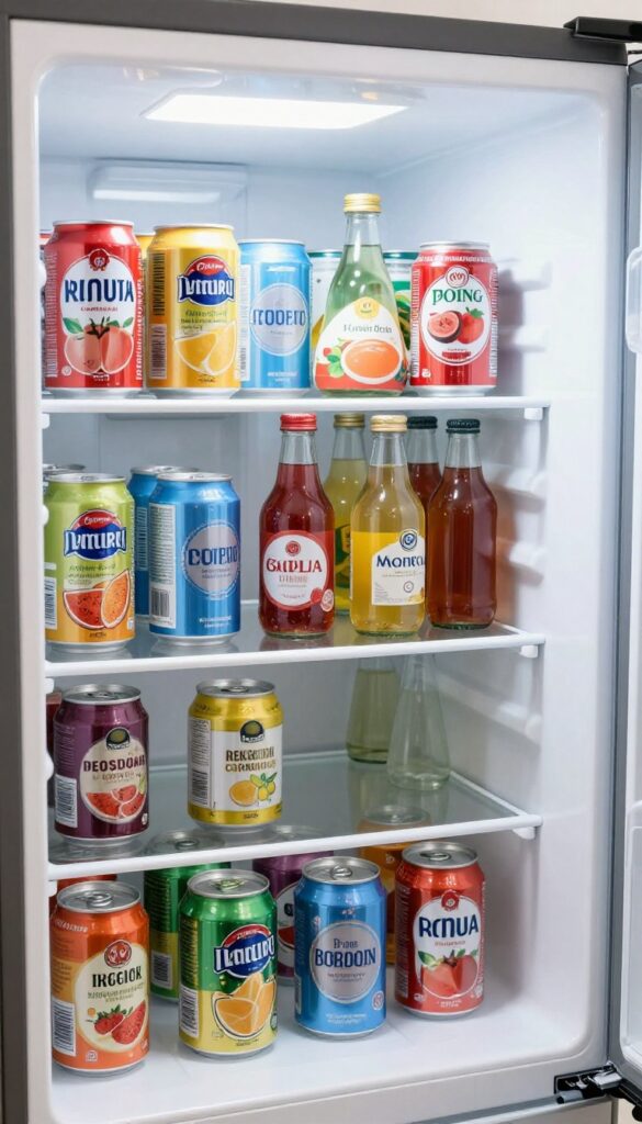 Open refrigerator with tension rod divider separating cans and bottles