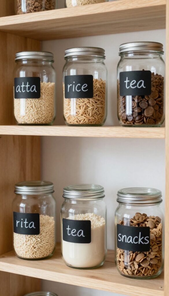 Neatly arranged glass jars on a kitchen shelf with chalk labels for easy identification