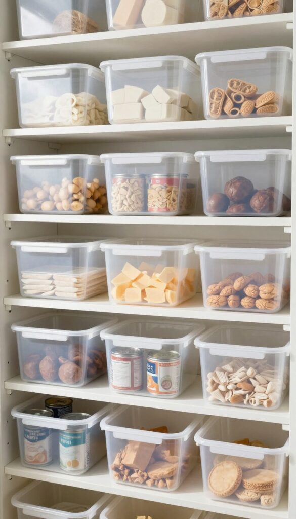 Clear plastic bins with handles organized on pantry shelves, containing various food items visible through the transparent material.
