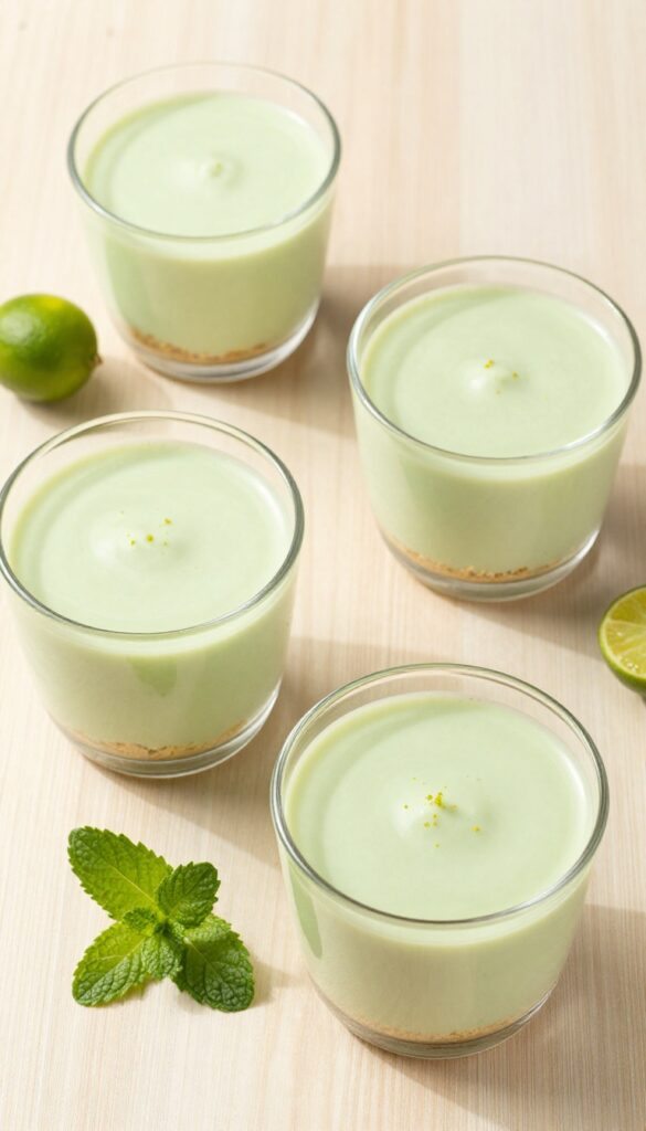 Four keto key lime pie cups in glass jars with almond flour crust and creamy lime filling, garnished with key limes and mint on a wooden table.