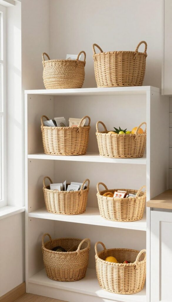Open shelving in a bright kitchen with woven baskets in warm neutrals, holding kitchen items, creating a calm and organized look.