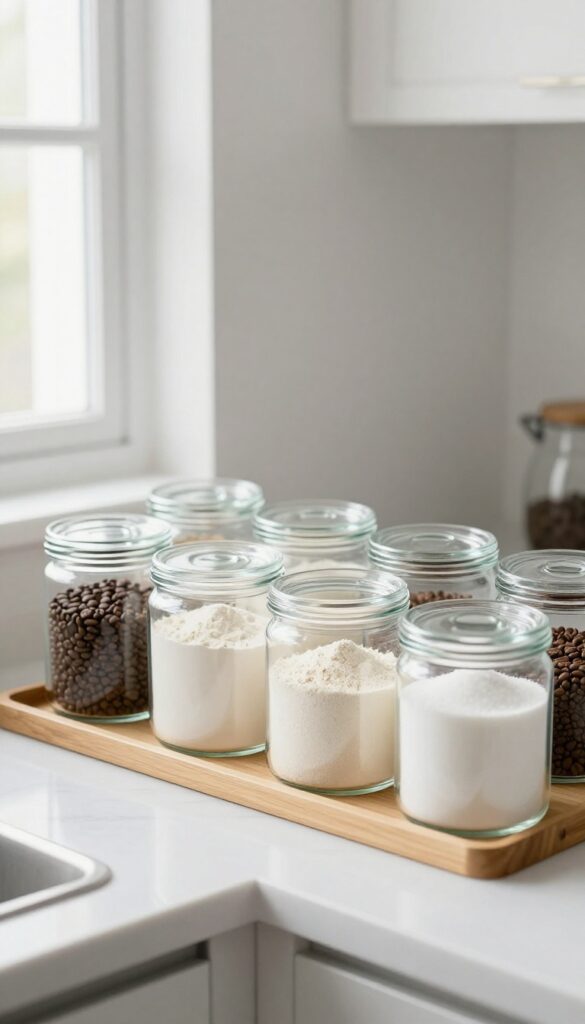 Glass canisters on a kitchen counter filled with flour, sugar, and coffee beans, arranged on a wooden tray.