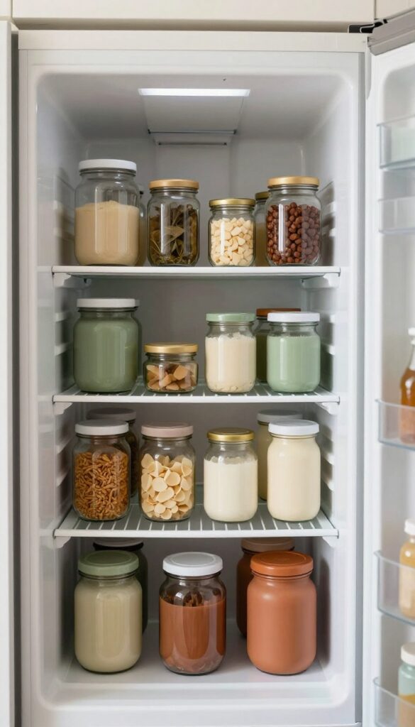 Open refrigerator with layered shelf liners in earthy tones: sage, cream, and terracotta, creating a warm and cozy food storage space.