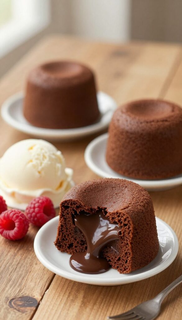 Two flourless chocolate lava cakes with molten centers on plates, with vanilla ice cream and raspberries.