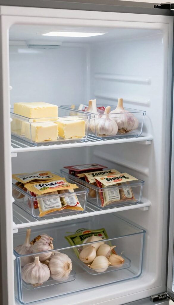 Inside of a refrigerator door with clear magnetic bins attached to metal shelves, holding small food items.