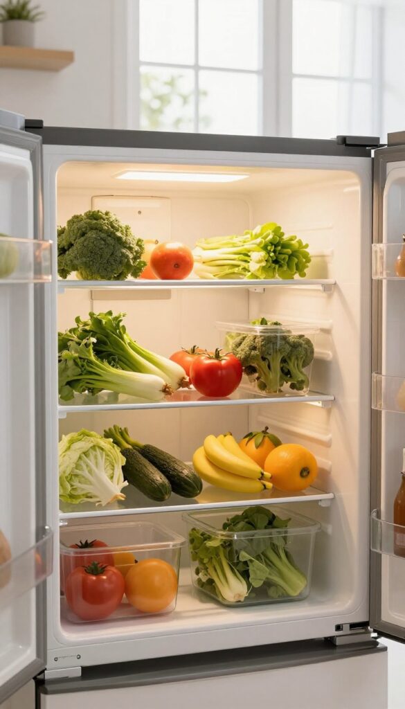 Fridge interior with warm LED strip lighting on shelves, fresh produce arranged neatly, cozy atmosphere