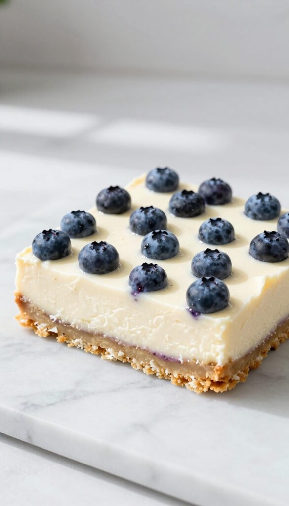 Keto blueberry cheesecake bar with coconut flour crust and creamy filling