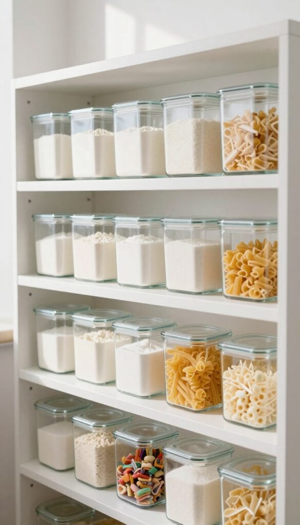 Rows of clear square glass containers with airtight lids neatly arranged on white pantry shelves, filled with flour, sugar, pasta, and colorful snacks, with soft natural light.