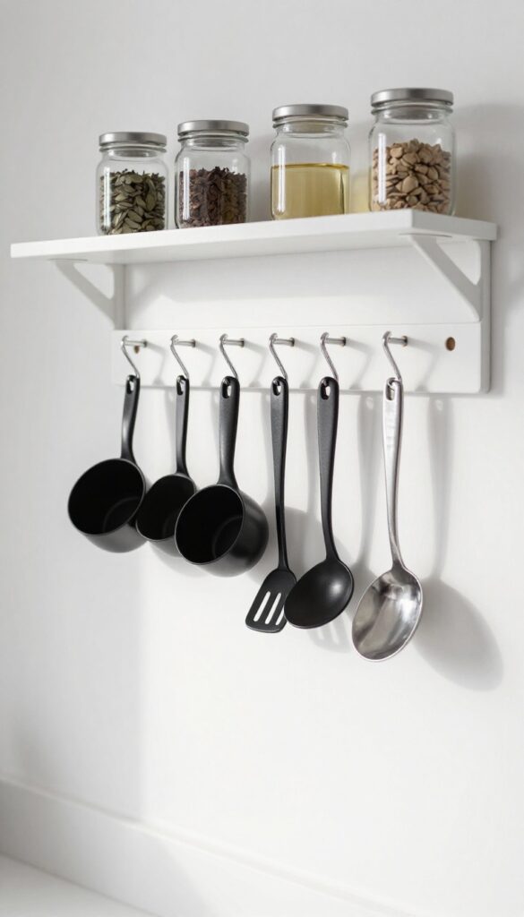 White pegboard with hanging utensils and shelf with jars in bright pantry