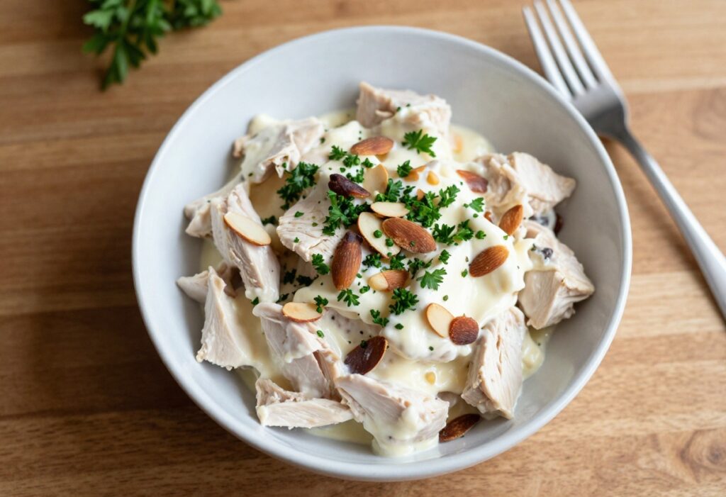Creamy low carb chicken salad in a bowl with parsley and almonds